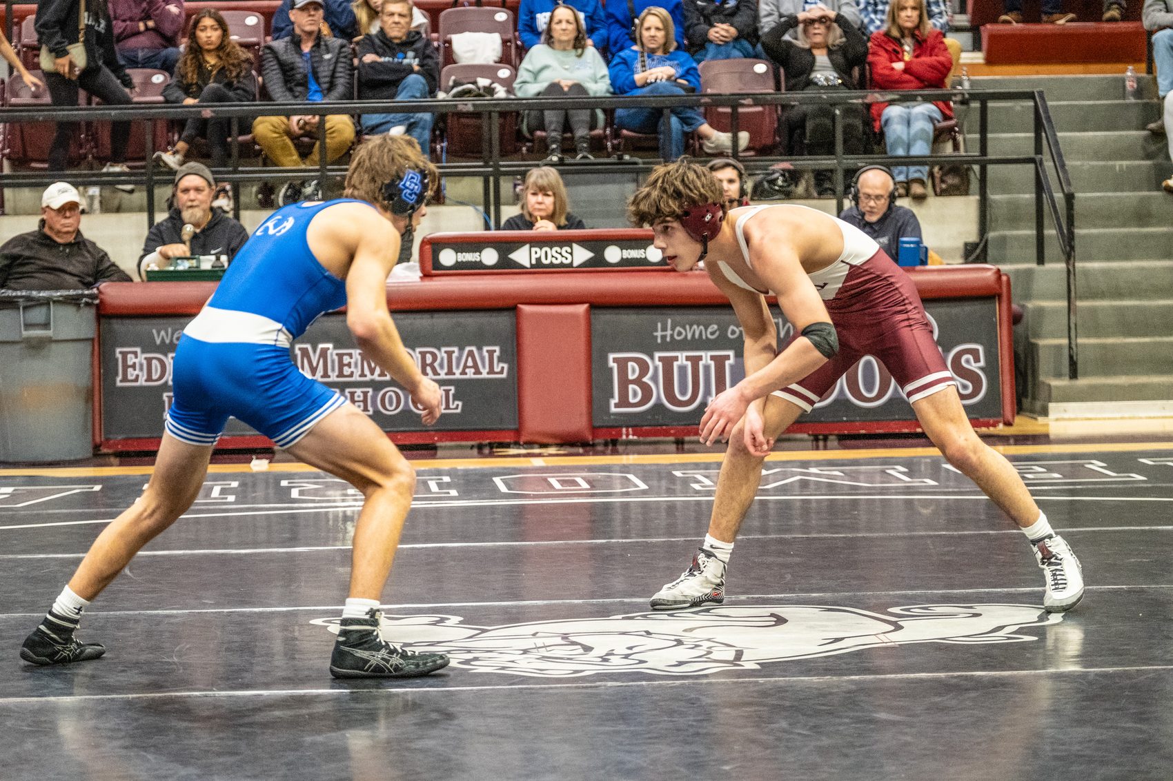 An Edmond Memorial wrestler squares up in a home dual